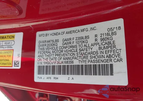 2018 Honda Accord Sport from USA, damaged, VIN 1HGCV1F35JA168356